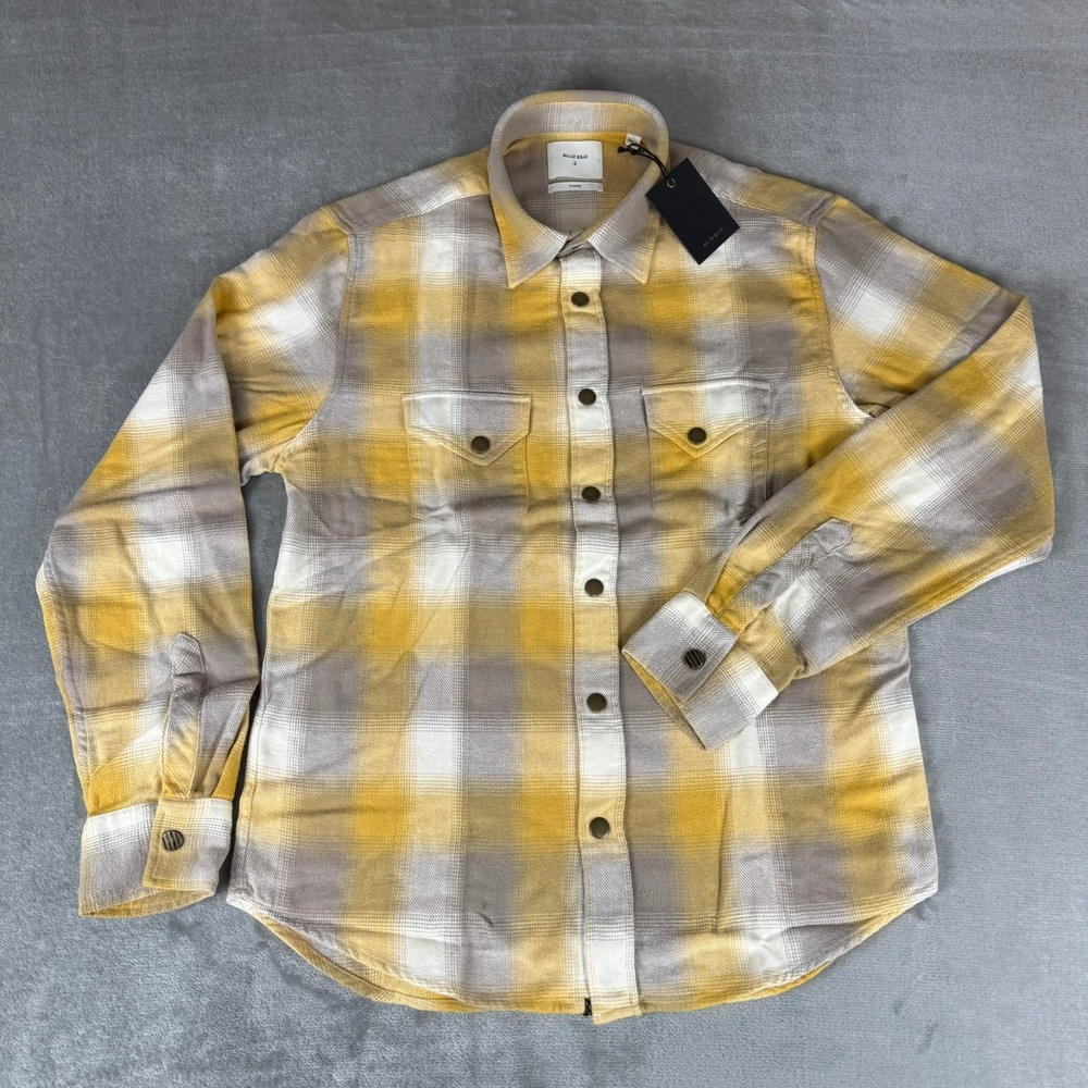 Billy Reid Flannel Bold Plaid Western Shirt Mens Small Yellow Snap $298 New NWT